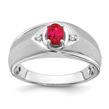 14k white gold men's ring with oval ruby and diamond accents, elegant jewelry piece from Solomon Jewelers.