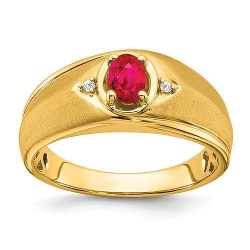 14k gold oval ruby and diamond men's ring, featuring a polished band with a central ruby and surrounding diamonds.