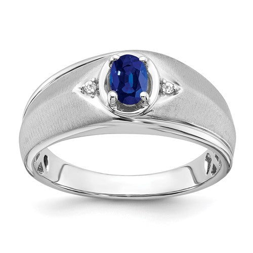 14k white gold men's ring featuring an oval sapphire and diamond accents, showcasing elegant jewelry design.