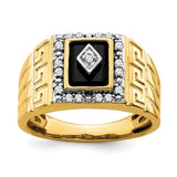 14k gold men's ring with black onyx and diamond Greek key design, featuring intricate jewelry craftsmanship.