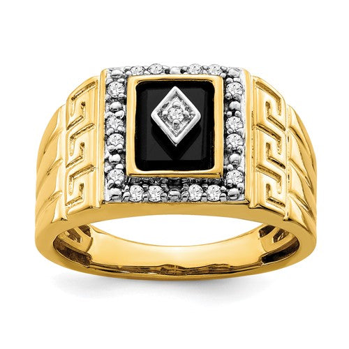 14k gold men's ring with black onyx and diamond Greek key design, featuring intricate jewelry craftsmanship.