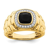 14k gold men's ring with textured black onyx and diamond accents, showcasing elegant jewelry design and craftsmanship.