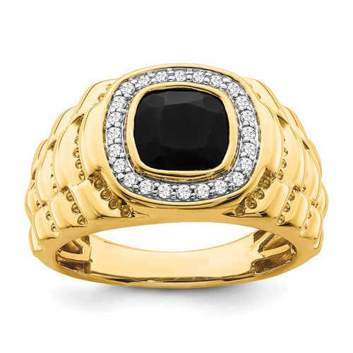 14k gold men's ring with textured black onyx and diamond accents, showcasing elegant jewelry design and craftsmanship.