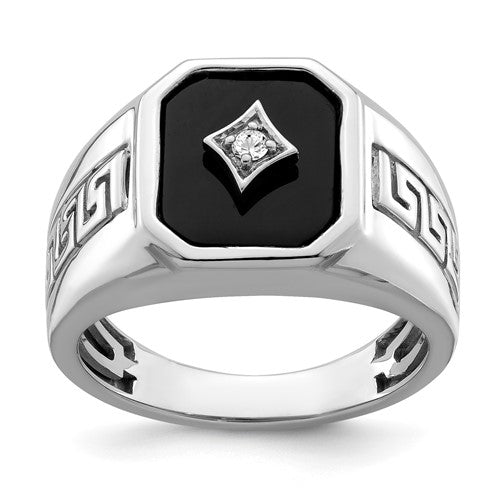 14k white gold men's ring featuring black onyx and diamond accents with Greek key design, crafted by Solomon Jewelers.
