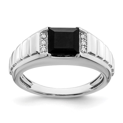 14k white gold men's ring featuring a square onyx centerpiece and diamond accents, crafted by Solomon Jewelers.