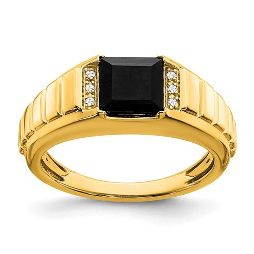 14k gold men's ring with square black onyx and diamond accents, crafted by Solomon Jewelers.
