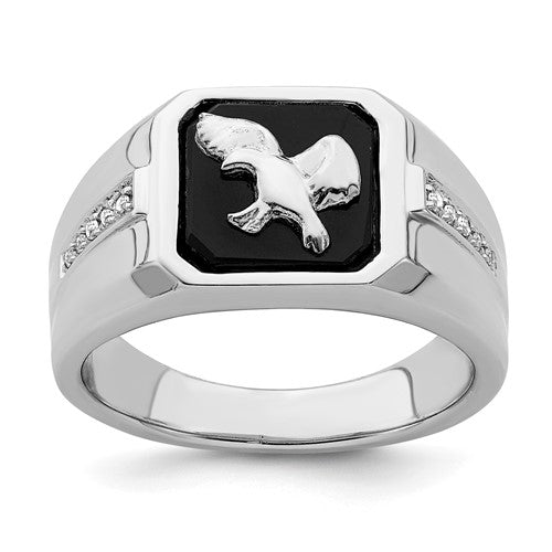 14k white gold men's ring with onyx and diamond detailing, featuring an eagle design from Solomon Jewelers.