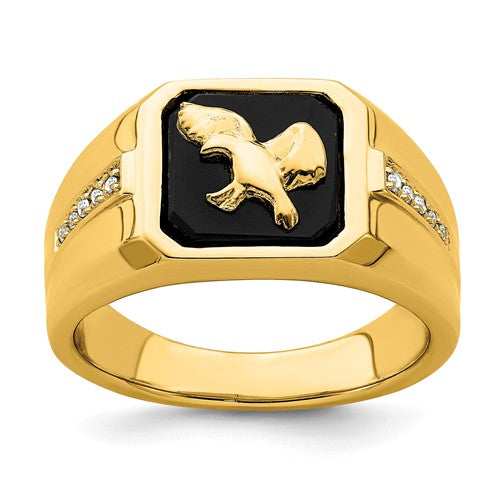 14k gold men's ring featuring onyx and diamond accents with an eagle design from Solomon Jewelers.