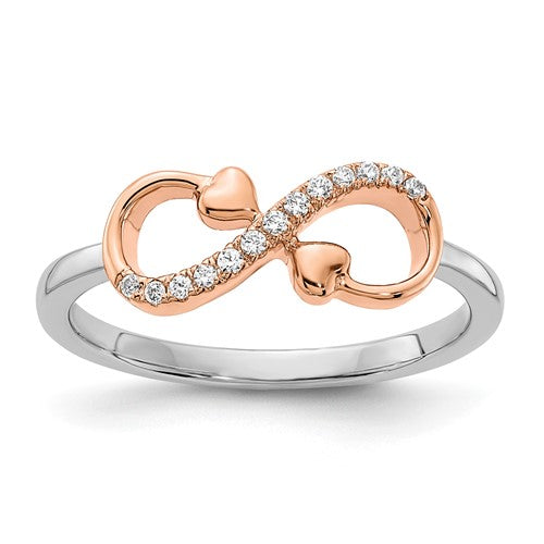 14k two-tone white and rose gold infinity hearts diamond ring, polished jewelry ring with intricate design and sparkling diamonds.