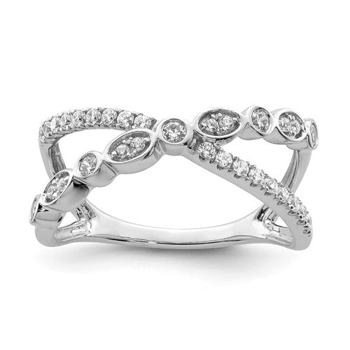 14k white gold criss cross diamond ring with polished finish, featuring sparkling diamonds, jewelry ring by Solomon Jewelers