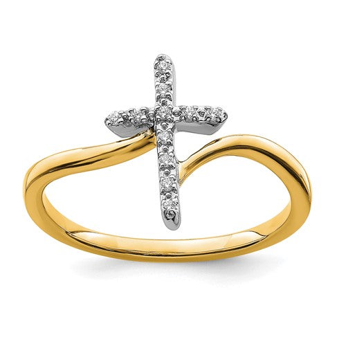 14k two-tone polished cross diamond ring from Solomon Jewelers, featuring a sleek design and sparkling diamonds.