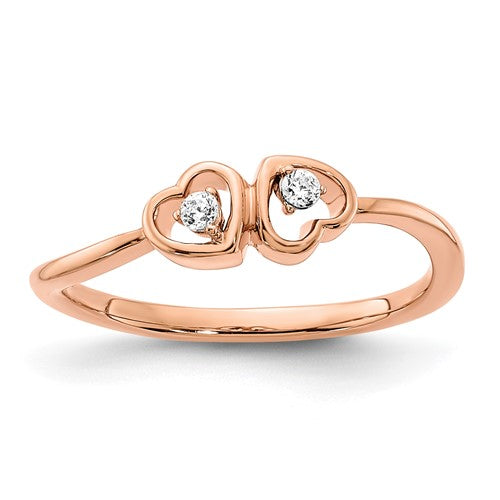 14k rose gold double heart diamond ring with polished finish, featuring sparkling diamonds, crafted by Solomon Jewelers.