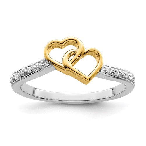 14k two-tone polished double heart diamond ring showcasing sparkling diamonds and elegant gold design.