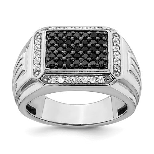 14k white gold men's ring with polished black and white sapphires, elegant jewelry piece featuring contrasting gemstone accents