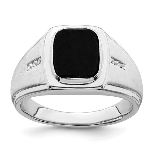 14k white gold men's ring with polished and satin Onyx and diamond accents, featuring a sleek and elegant design.
