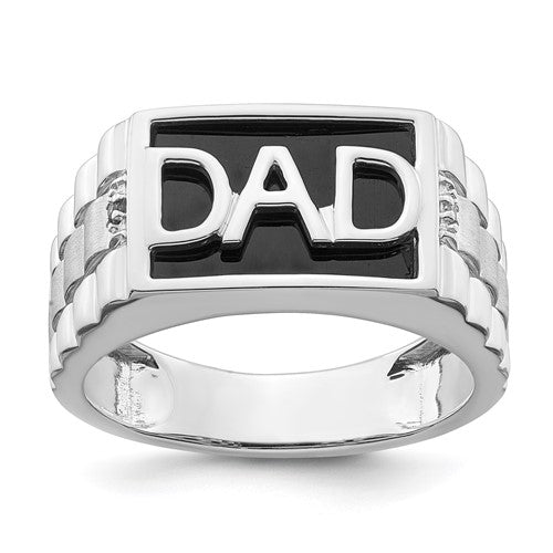 14k white gold men's ring with polished and satin finish onyx and diamond accents, crafted by Solomon Jewelers.