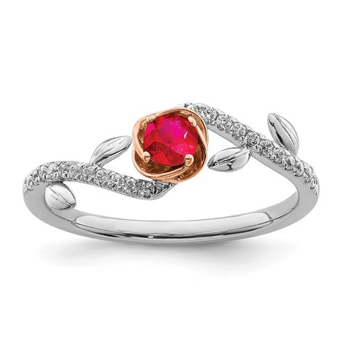 14k two-tone rose gold ring with polished finish, featuring ruby and diamond accents, elegant jewelry ring by Solomon Jewelers
