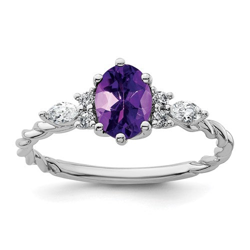 14K white gold twisted ring with polished diamond and amethyst accents, crafted by Solomon Jewelers.
