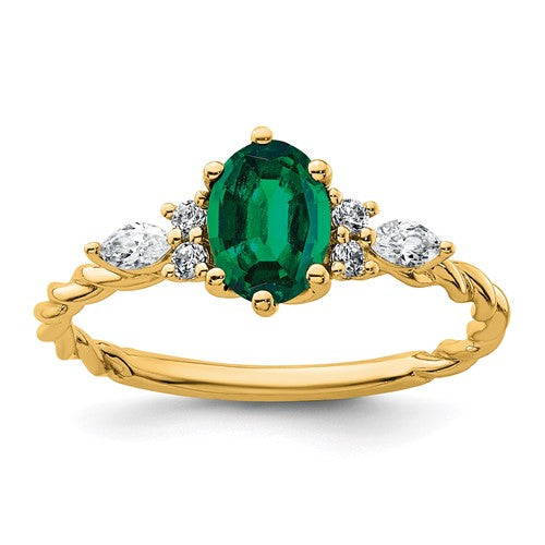 14K polished diamond and lab-created emerald twisted ring, elegant jewelry piece with sparkling stones and intricate design.