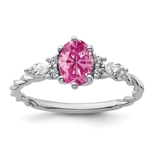 14K white gold twisted ring with polished finish, featuring diamonds and lab-created pink sapphires, elegant jewelry piece.