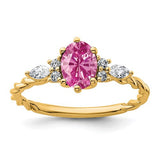 14K polished gold twisted ring with diamonds and lab-created pink sapphires from Solomon Jewelers.