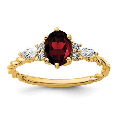 14K polished gold ring with twisted design featuring diamonds and garnets, elegant jewelry piece by Solomon Jewelers.