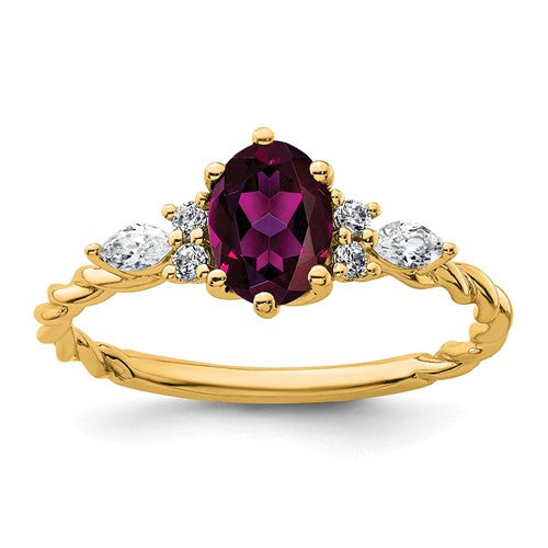 14K polished diamond and rhodolite garnet twisted ring featuring sparkling gemstones, crafted by Solomon Jewelers.