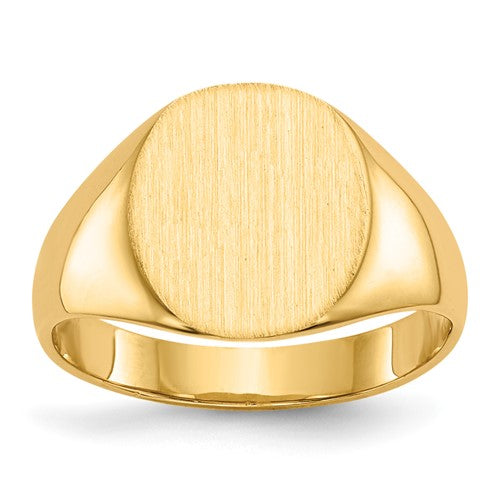 14k gold closed back signet ring featuring 10.0x11.5mm design, crafted by Solomon Jewelers, displayed from a front view.