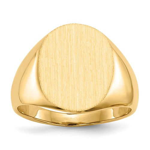 14k gold signet ring with 13x16mm closed back design, jewelry ring from Solomon Jewelers showing engraved surface and band detail.