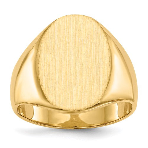 14k gold men's signet ring with a 14.0x18.0mm closed back design on a jewelry ring.