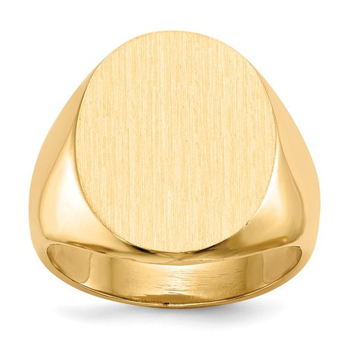 14k gold men's signet ring with 15.5x19.0mm closed back design, crafted by Solomon Jewelers.