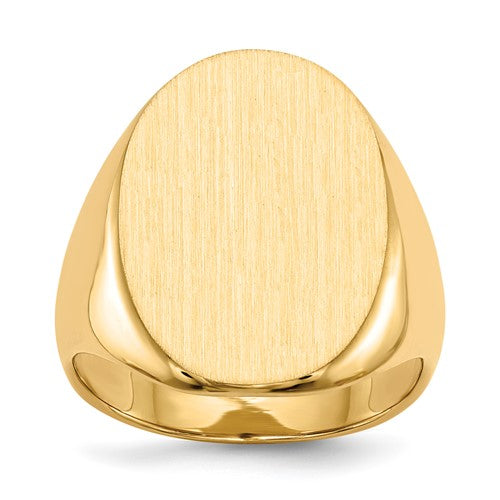 14k gold men's signet ring with a 16.0 x 21.5mm closed back design, crafted by Solomon Jewelers.