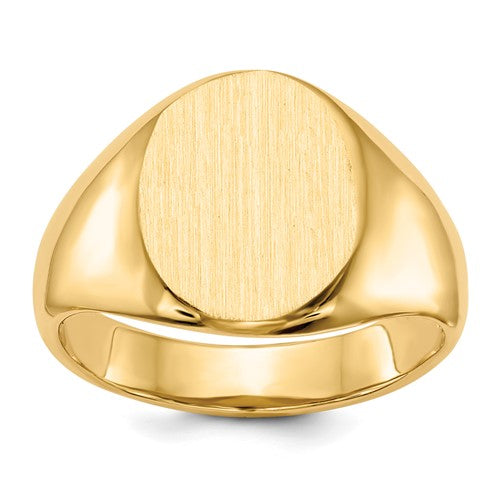 14k gold open back signet ring with 11.5x13.5mm face, jewelry ring from Solomon Jewelers, showcasing polished gold finish