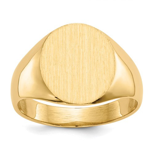 14k gold men's signet ring with open back, 11.5x13.0mm size, featuring a polished band and classic design.