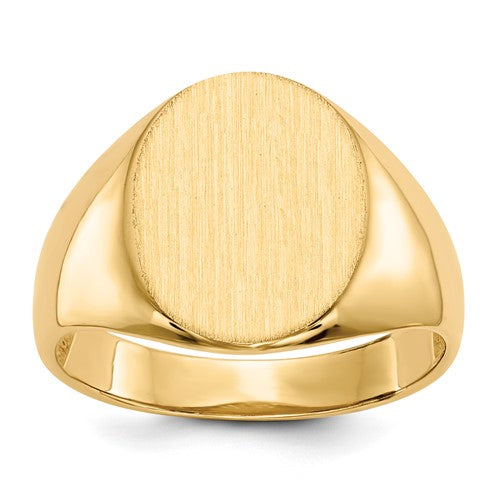 14k gold open back men's signet ring with 12.5x16.0mm face, featuring a polished finish and classic design.