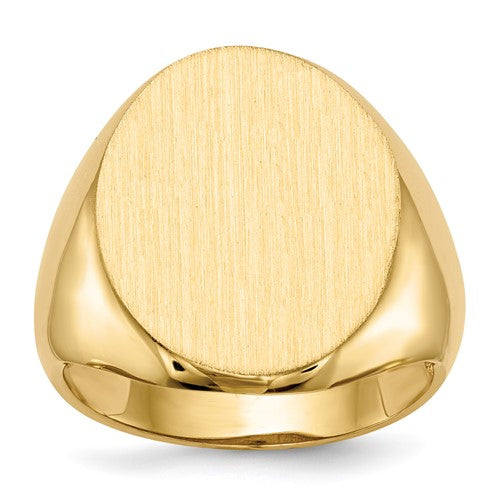 14k gold men's signet ring with an open back, measuring 16.5x20.0mm, jewelry ring by Solomon Jewelers.