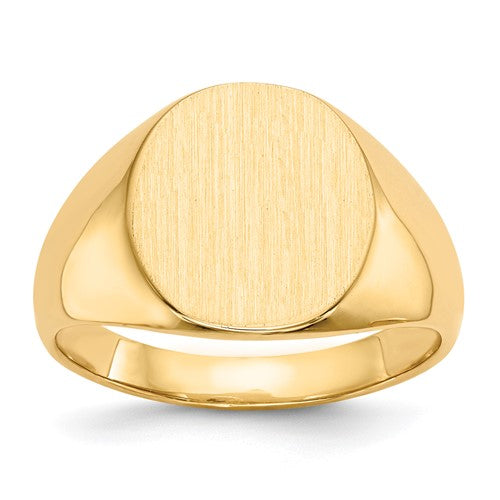 14k gold men's signet ring with a 13.5x15.0mm closed back design, showcasing a polished and elegant jewelry piece.