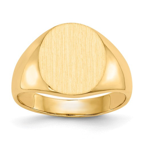 14k gold men's signet ring with a 13x14mm closed back design, featuring a polished gold finish.