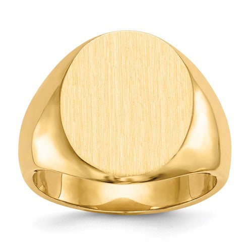 14k gold men's signet ring with a 14.5x17.5mm closed back design, crafted by Solomon Jewelers.