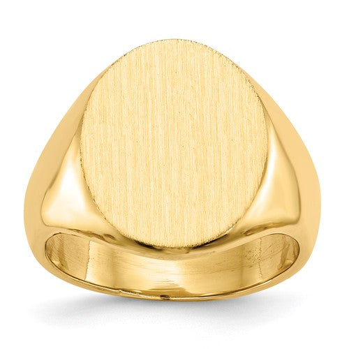 14k gold men's signet ring with a 14.0x17.5mm closed back design, crafted by Solomon Jewelers.