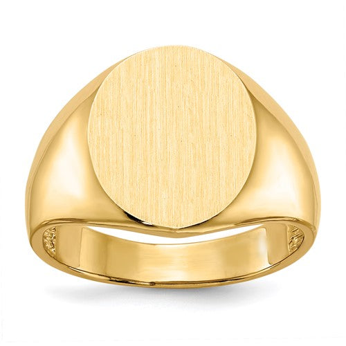14k gold open back men's signet ring with 13.5mm by 15.0mm face, crafted by Solomon Jewelers.