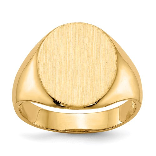 14k gold open back men's signet ring with 13x14mm face, jewelry ring from Solomon Jewelers, displayed against a neutral background.