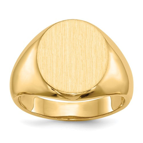 14k men's signet ring with an open back, measuring 13.5x16.0mm, crafted by Solomon Jewelers, shown in a close-up view.