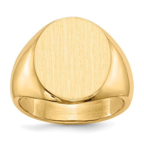 14k gold men's signet ring with open back, 14.0 x 18.0mm, Solomon Jewelers jewelry, showcasing detailed design and craftsmanship.