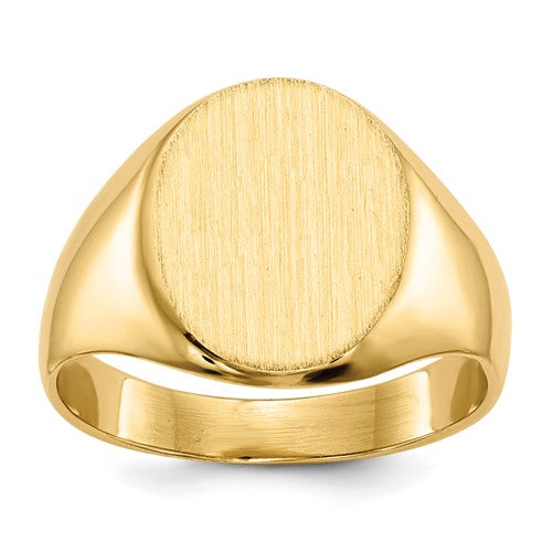 14k gold signet ring with 10.5x12mm closed back design, jewelry ring by Solomon Jewelers showing detailed craftsmanship.