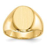14k gold men's signet ring with a closed back, 11.0x15.0mm size, crafted by Solomon Jewelers, showcasing its polished design.