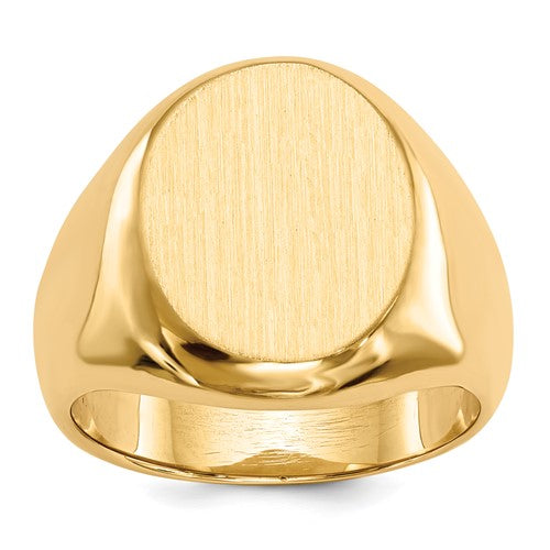 14k gold men's signet ring with a 13.5x16.5mm closed back design, crafted by Solomon Jewelers.