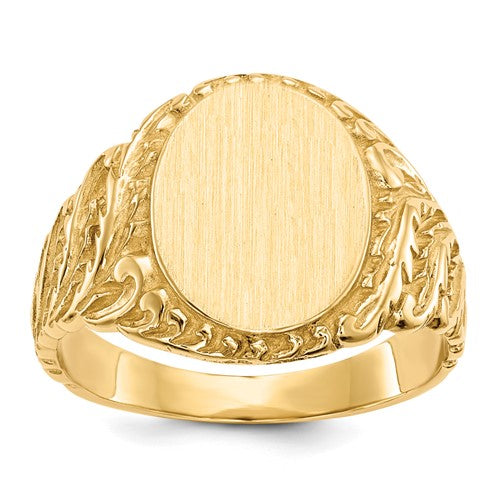 14k gold mens signet ring with 10.5x13.0mm closed back design, jewelry ring from Solomon Jewelers.