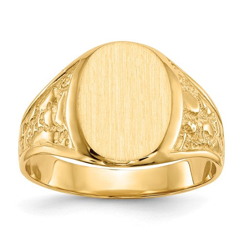 14k gold men's signet ring with 11x14.5mm closed back design, crafted by Solomon Jewelers, showcasing a polished gold finish.