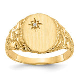 14k gold signet ring with 9.0x11.0mm AA diamond, closed back, jewelry ring showcasing a polished gold band and diamond setting.